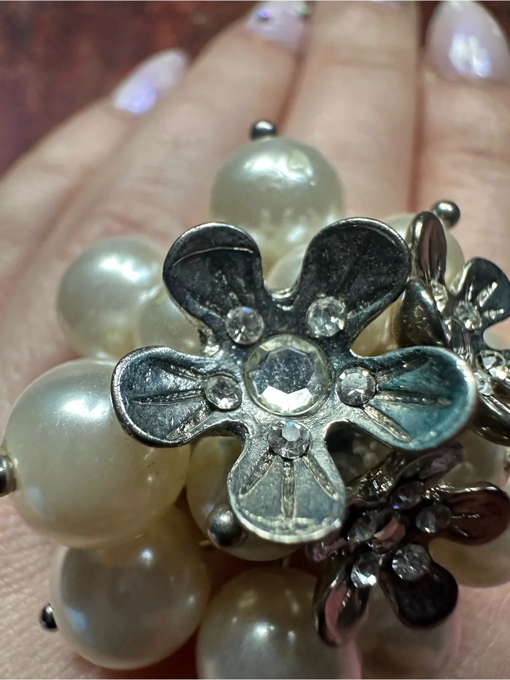 Floral & Pearl Cluster Silver Tone Stretch Ring
